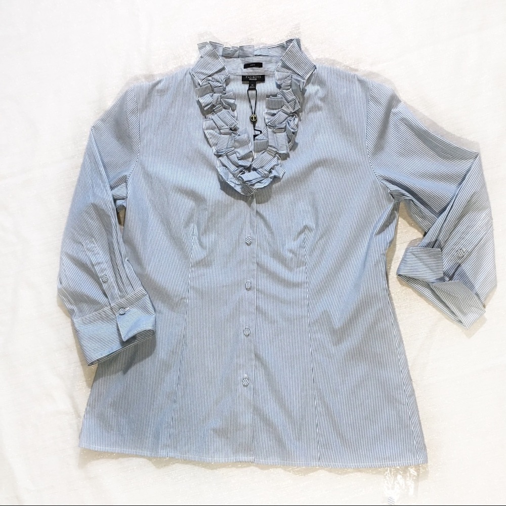 🆕 Talbots ruffled shirt blue white stripe size 10